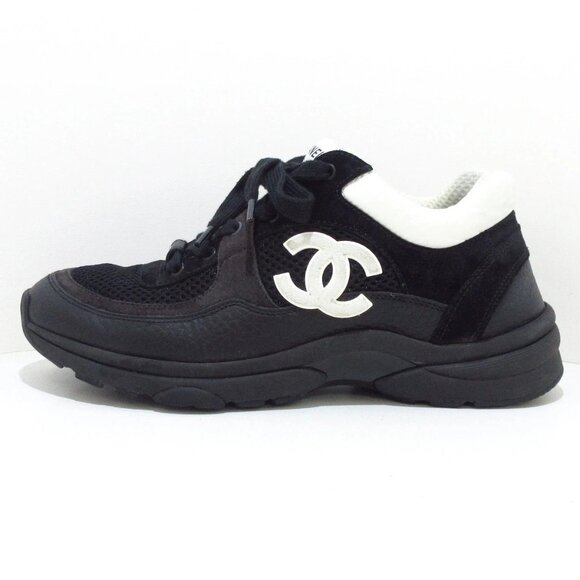 CHANEL Black White Suede Leather Chemical Fiber Women's Sneakers 728-081825 - Picture 1 of 11